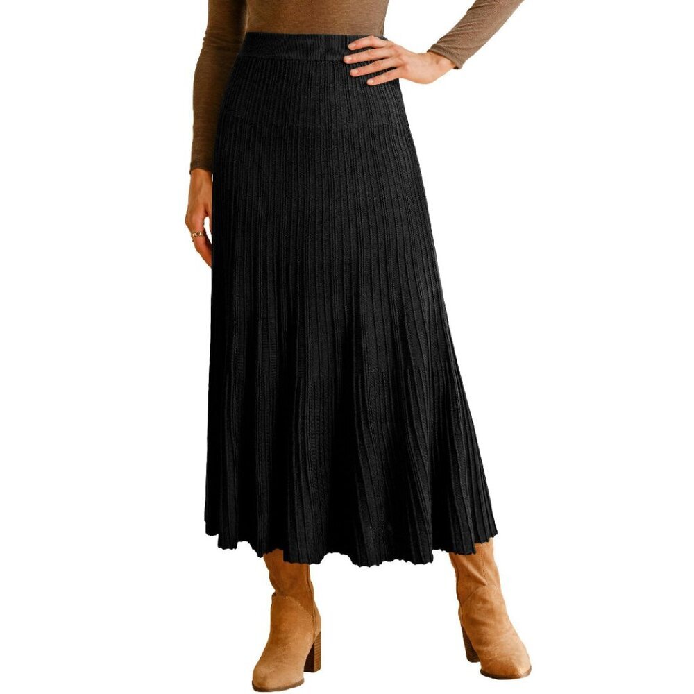 Wool Blend A-Line Pleated Long Skirt High Elastic Waistband Flowy
